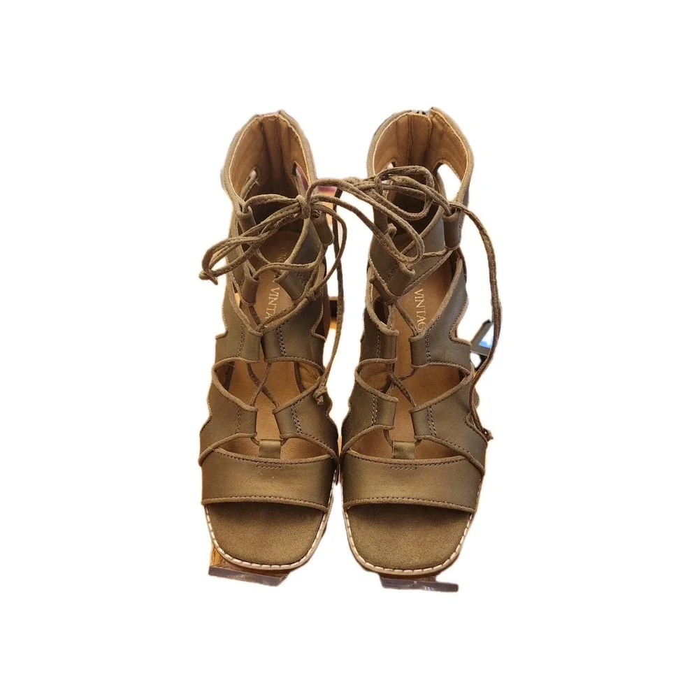 Crown Vintage Danny Green Suede Gladiator‎ Sandals Stacked Heel Booties size 7M